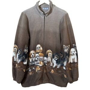 Vintage 80s Blair Dog Puppies Jacket Fleece Full Zip Womens Size L Brown Gray